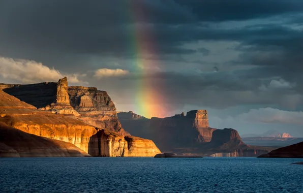 Картинка горы, озеро, радуга, Аризона, Arizona, озеро Пауэлл, Lake Powell, водохранилище Пауэлл