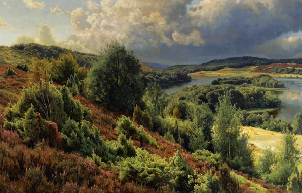 Картинка пейзаж, природа, река, картина, Петер Мёрк Мёнстед, Peder Mørk Mønsted, Холмы возле Силкеборга