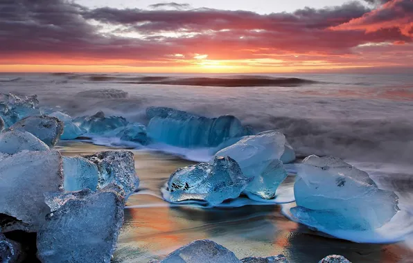 Картинка лед, небо, облака, пейзаж, закат, прибой, Исландия