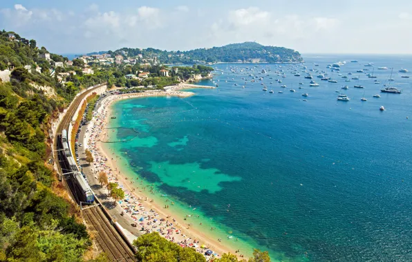 Картинка пляж, побережье, Франция, яхты, электричка, панорама, железная дорога, France