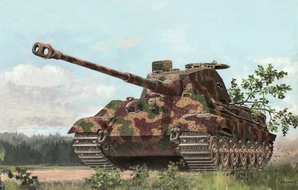 Картинка рисунок, арт, танк, маскировка, камуфляж, немецкий, тяжёлый, «Тигр II»