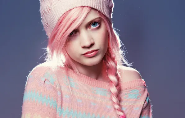 Взгляд, девушка, шапка, волосы, розовые