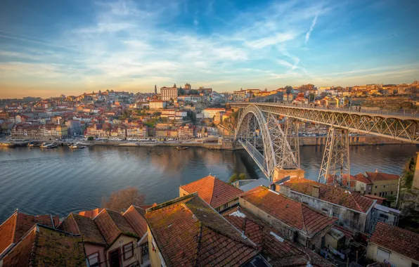 Мост, город, огни, река, утро, Portugal, Porto