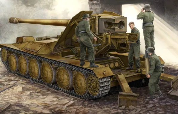 Картинка война, рисунок, солдаты, German 12.8cm Pak 44 Waffentrager Krupp 1