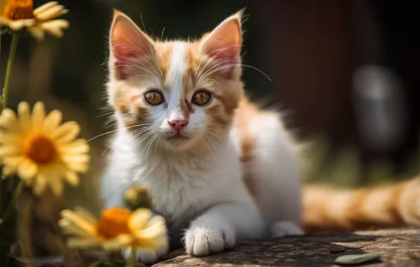 Кошка, лето, кот, взгляд, свет, цветы, природа, котенок