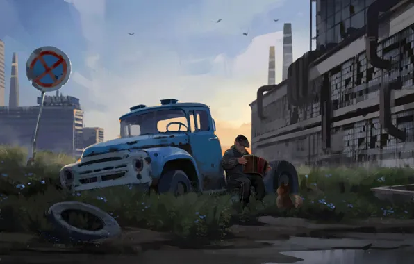 Картинка город, собака, арт, дед, гармонь, Industrial melancholy