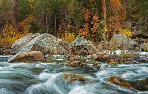 Осень, камни, США, Йосемити, река Мерсед