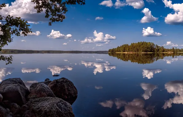 Картинка лес, облака, ветки, озеро, отражение, камни, панорама, Финляндия