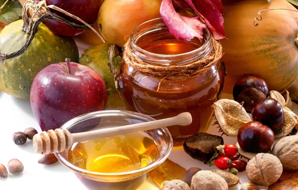 Осень, яблоко, еда, мед, фрукты, орехи, овощи, груши