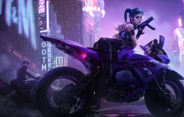 Девушка, Ночь, Город, Взгляд, Очки, Здания, Оружие, Cyberpunk 2077