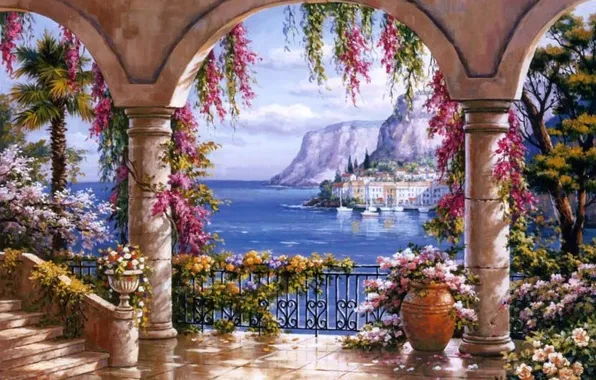Картина, живопись, painting, Sung Kim, Italian coast, evening in Capri
