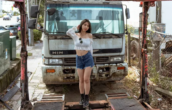 Asian, shorts, long hair, model, truck, women, dark hair, high waisted short