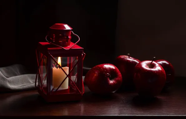 Картинка яблоки, свеча, фонарь, красные, фрукты