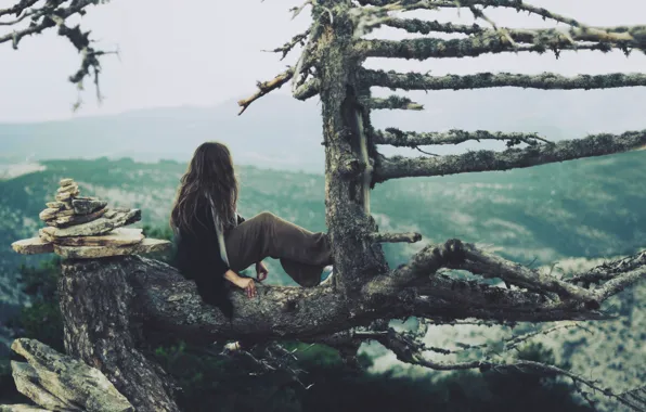 Картинка девушка, природа, дерево, настроение, вид