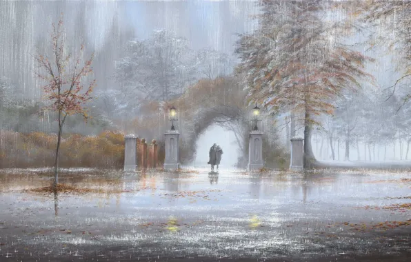 Осень, парк, дождь, картина, фонари, арка, двое, Jeff Rowland