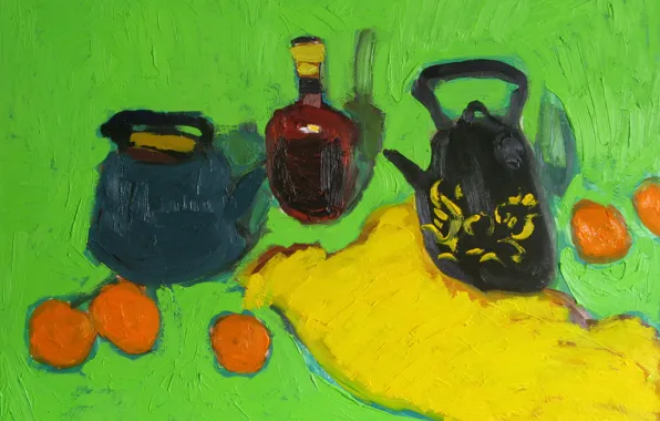 Картинка апельсины, натюрморт, зеленый фон, 2009, желтая ткань, Петяев, бутылка коньяка, два чайника