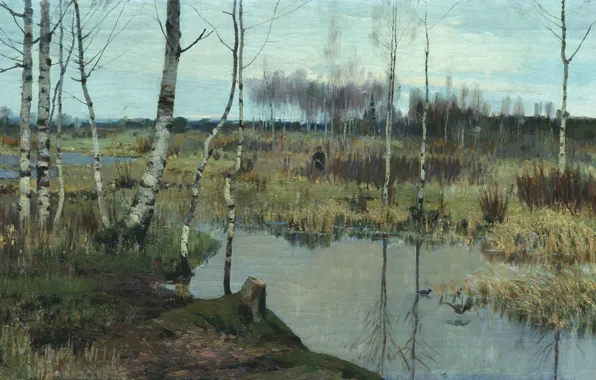 Масло, картина, холст, охотник, Весенний Пейзаж, Ричард Бергольц