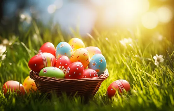 Цветы, корзина, поляна, яйца, весна, colorful, Пасха, happy