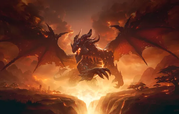 Огонь, fire, Cataclysm, катаклизм, Deathwing the Destroyer, Смертокрыл Разрушитель, black dragon, World of WarCraft