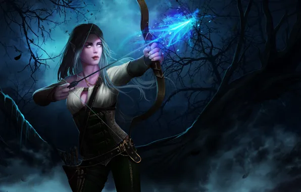 Лес, девушка, ночь, эльф, лук, стрела, World of Warcraft, Warcraft