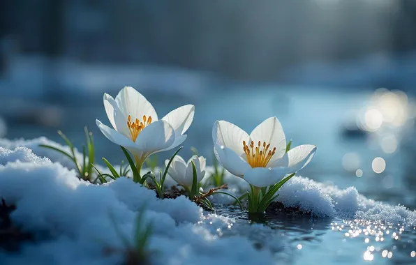 Зима, снег, цветы, весна, flowers, winter, snow, spring