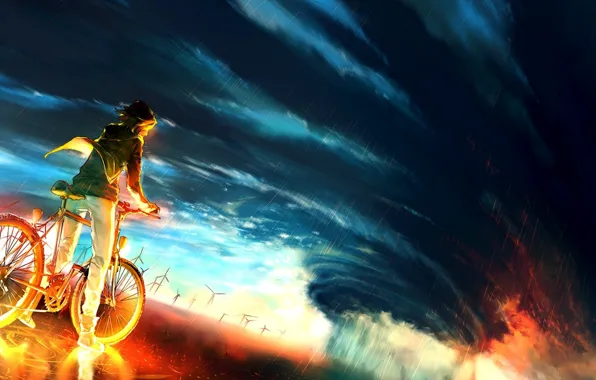 Картинка небо, велосипед, фон, огонь, буря, аниме, fire, парень