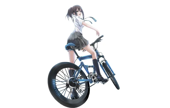 Картинка взгляд, девушка, велосипед, форма, art, idolmaster, простой фон, futami kito