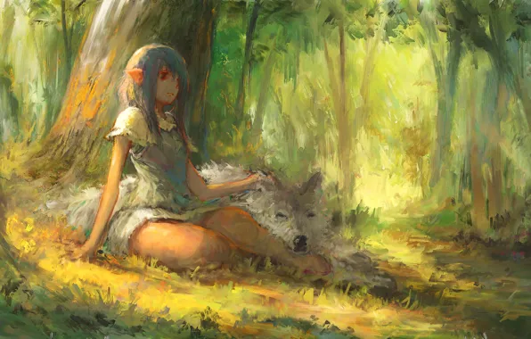 Лес, девушка, волк, фэнтези, эльфийка, Firando Art