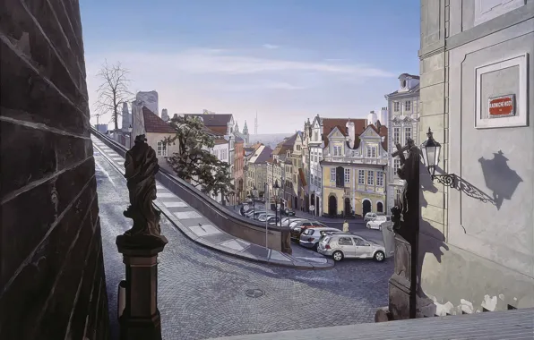 Картинка дорога, город, улица, дома, картина, поворот, Прага, Чехия