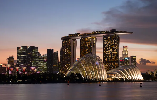 Ночь, огни, здания, небоскребы, Сингапур, набережная
