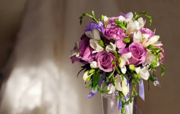 Розы, букет, ваза, vase, roses, Bouquet, Violet Flowers, Фиолетовые цветы