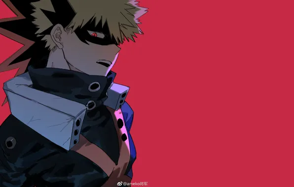 Взгляд, маска, парень, красный фон, My Hero Academia, Boku No Hero Academia, Bakugou Katsuki, Моя …