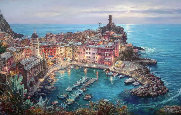 Картинка город, дома, лодки, причал, Италия, собор, лунный свет, живопись