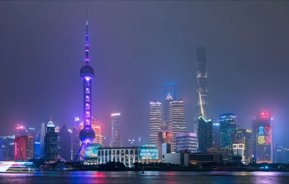 Ночь, город, вид, Shanghai, City, Шанхай, night, beautiful
