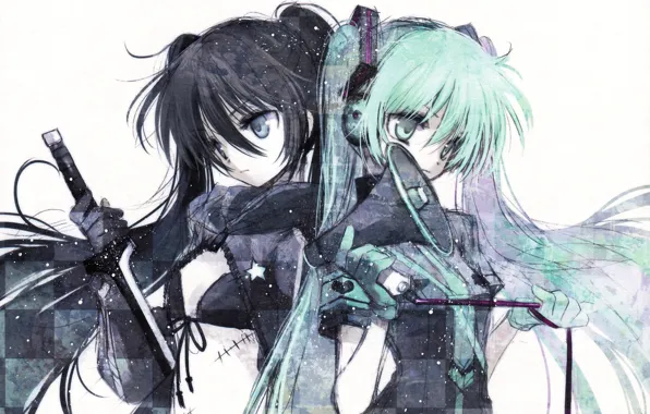 Меч, галстук, перчатки, vocaloid, Hatsune Miku, Black Rock Shooter, длинные волосы, челка