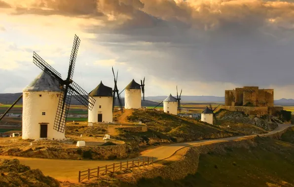 Картинка дорога, Облака, горизонт, простор, Windmills, Испания, Spain, Кастилия-Ла-Манча