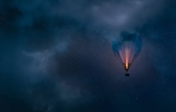 Картинка небо, облака, ночь, воздушный шар, звёзды, аэростат