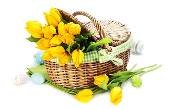 Картинка праздник, яйца, букет, тюльпаны, tulips, Easter, eggs, holiday