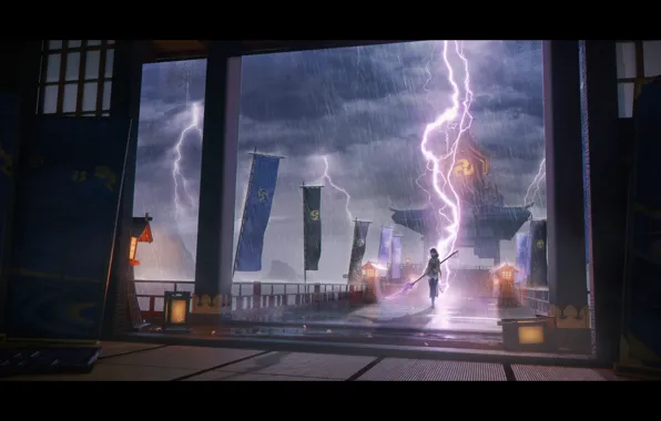 Девушка, дождь, молнии, фэнтези, флаги, Genshin Impact, Raiden Shogun, нагината