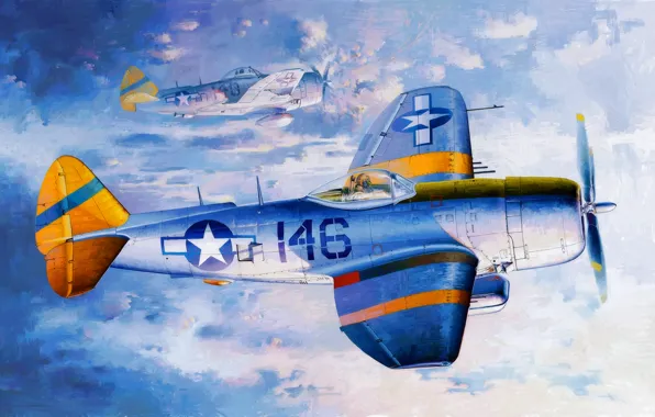 Картинка fighter, war, art, painting, aviation, ww2, Republic P-47 Thunderbolt