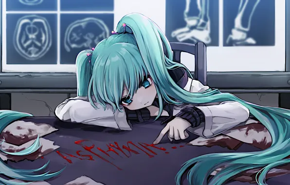 Девушка, буквы, кровь, больница, Hatsune Miku, Vocaloid, Вокалоид, Хатсуне Мику
