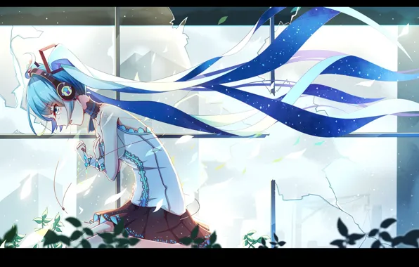 Наушники, корсет, vocaloid, Hatsune Miku, вокалоид, голубые волосы, у окна, голубое небо