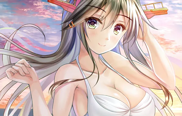 Girl, sexy, cleavage, sky, long hair, boobs, anime, beautiful