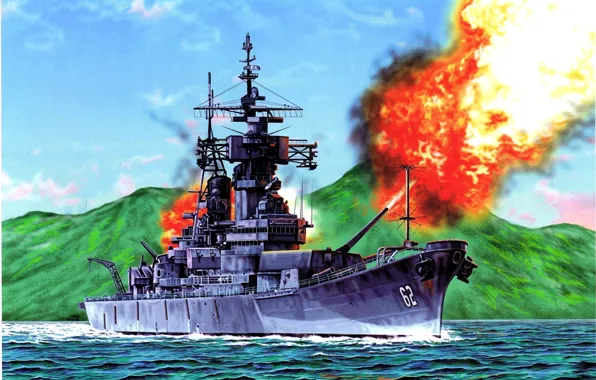 Картинка рисунок, арт, Вьетнам, линейный корабль, ВМФ США, «Нью-Джерси», по демилитаризованной зоне, ведёт огонь