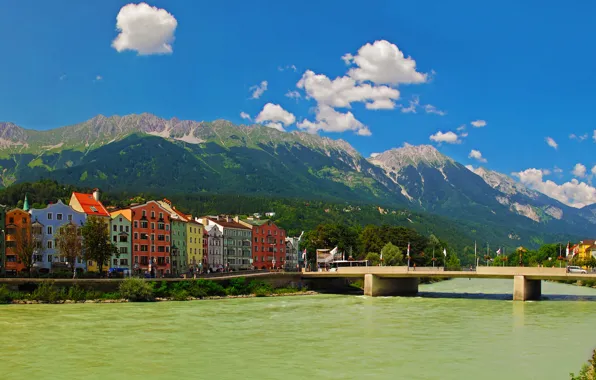 Картинка небо, горы, мост, город, река, фото, дома, Австрия