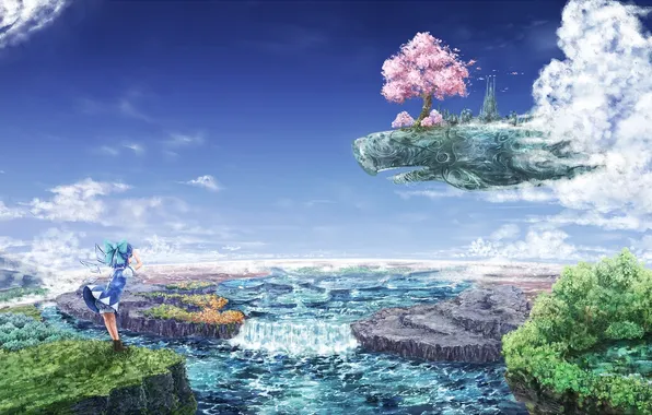 Картинка вода, облака, деревья, природа, дерево, крылья, сакура, арт