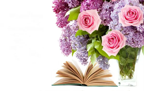 Картинка цветы, розы, букет, книга, flowers, сирень, book, bouquet