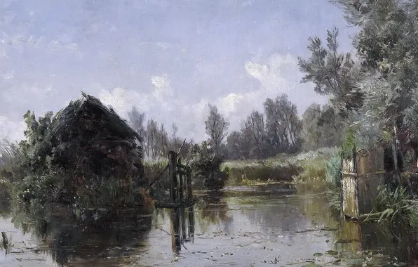 Картинка деревья, пейзаж, картина, домик, Карлос де Хаэс, Озеро во Фрисландии