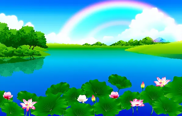 Картинка небо, облака, деревья, пейзаж, цветы, река, радуга, вектор