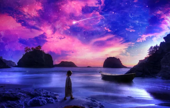 Картинка песок, море, фиолетовый, небо, вода, пейзаж, камни, фон